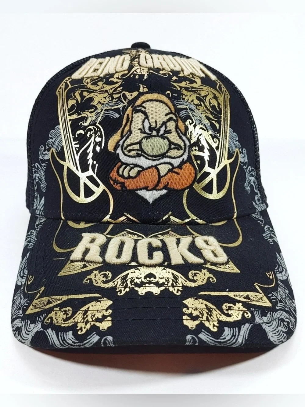 Disney Parks Grumpy Black Gold Baseball Cap Hat Trucker Being Grumpy Rocks
